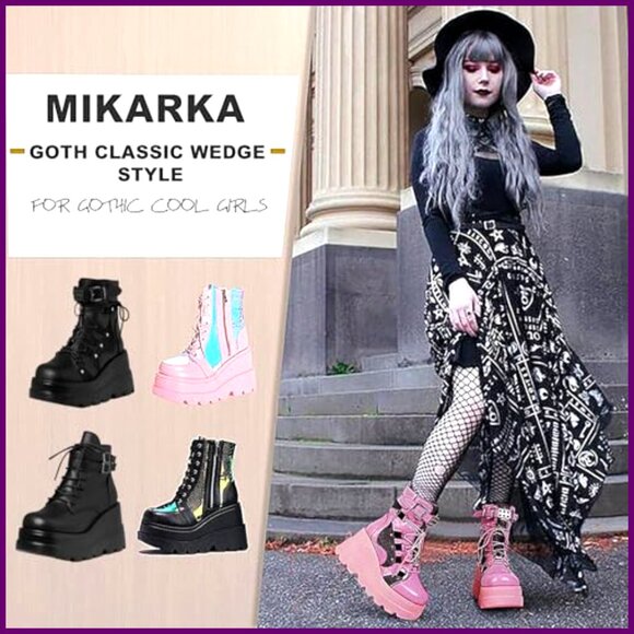 Holographic Platform Combat Boots, Wedge Heel, Lace Up Ankle Boots - Picture 5 of 6